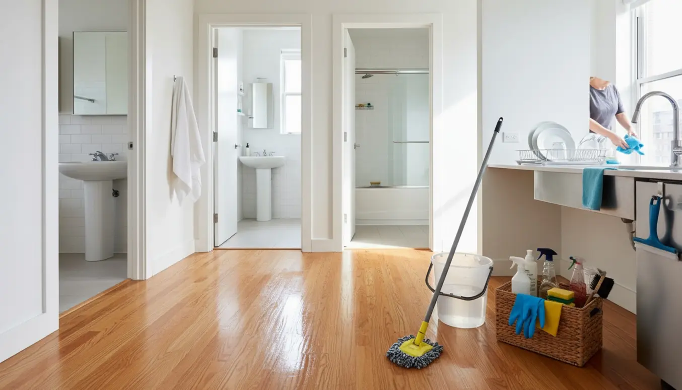 Indendørs billede af grundig hovedrengøring med moppe, spand og rengøringsudstyr, blanke gulve, badeværelser og køkken.