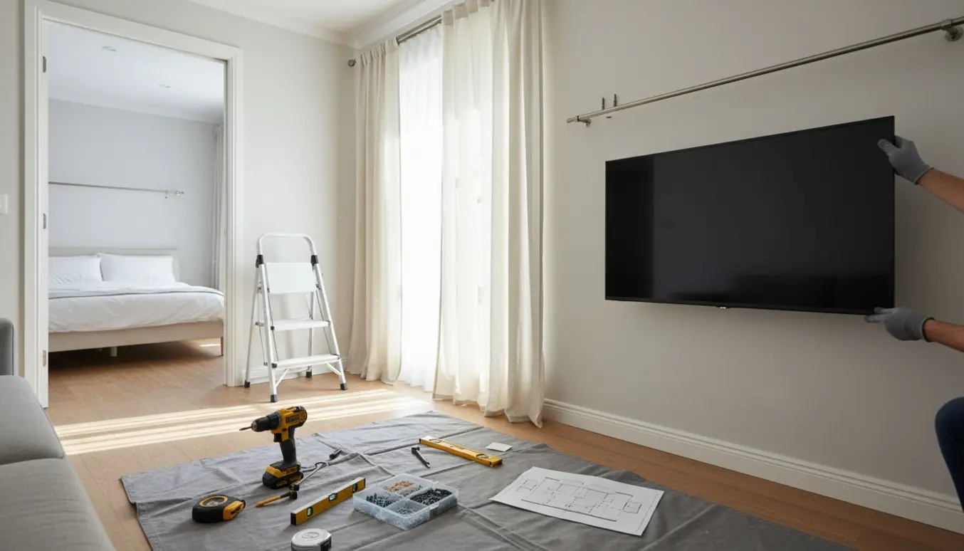 Hænder monterer gardinstang over et vindue og hænger et fladt TV på væggen i et lyst, moderne hjem.