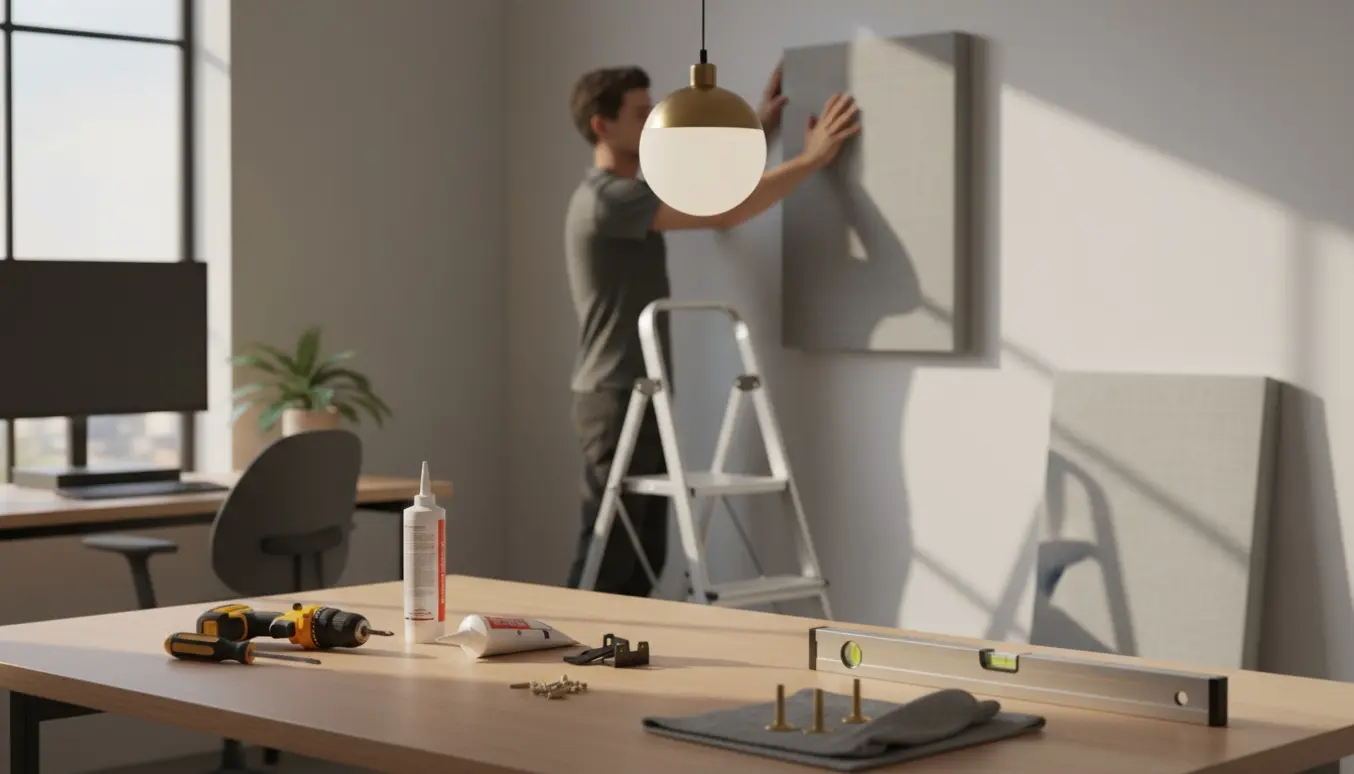 Tekniker monterer lofts- og væglampe og sætter støjdæmpende paneler op i et lyst kontor uden synlige ansigter.