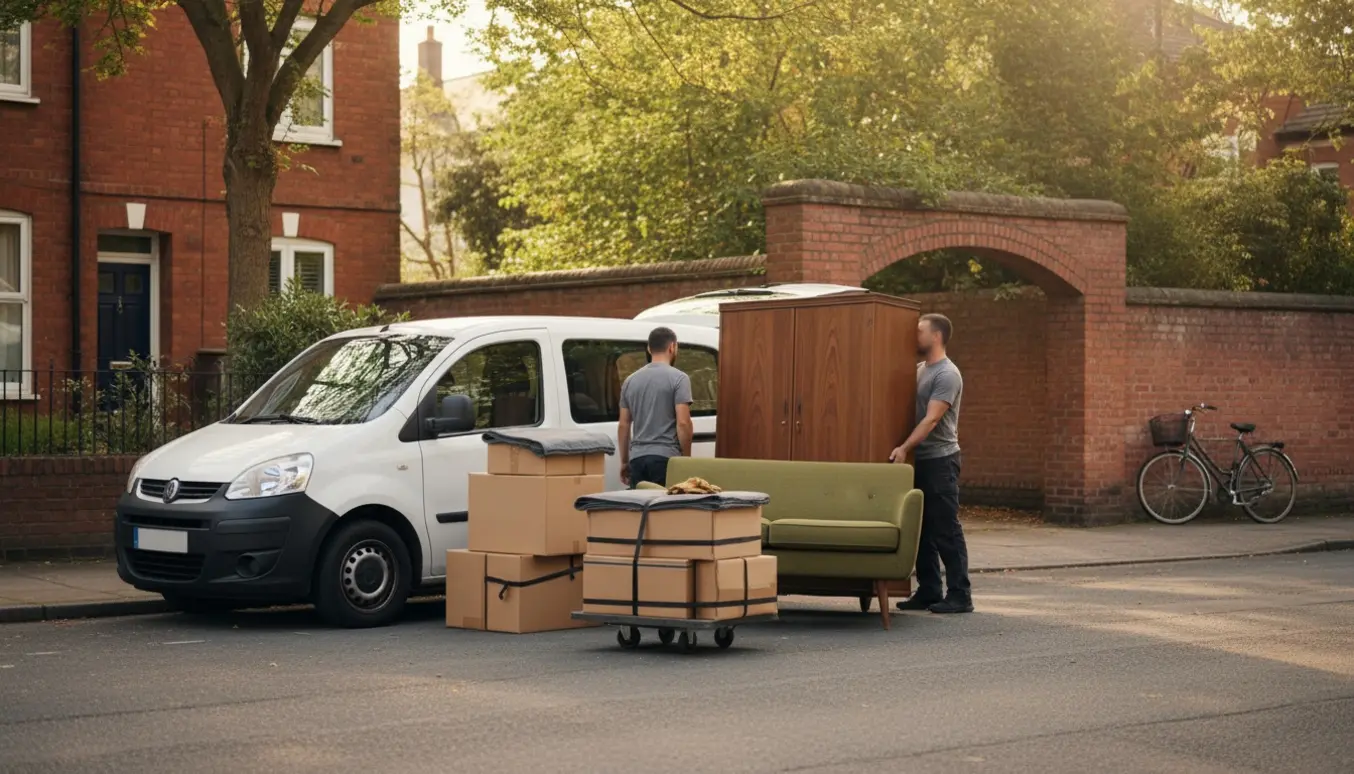 Flyttefolk læsser sofa og skab på en dolly ved en flyttebil uden for et lille rækkehus på vej mod en garage.