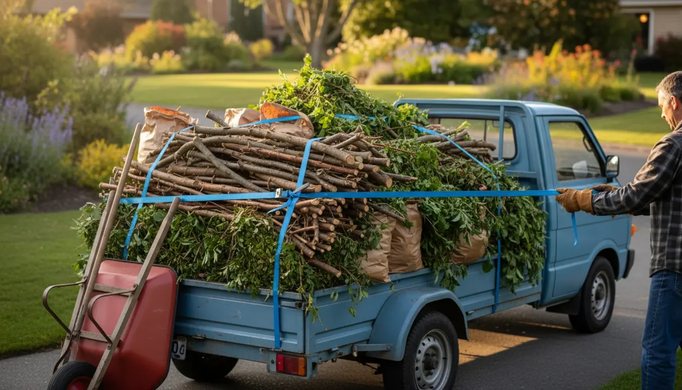 En lastet trailer med grene, løv og poser med haveaffald klar til afhentning.