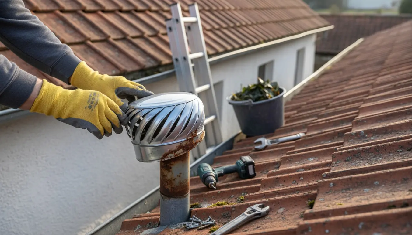 Hænder i handsker monterer en hætte på en tagkanal på et rødt tegltag, mens tagrenden bliver renset.