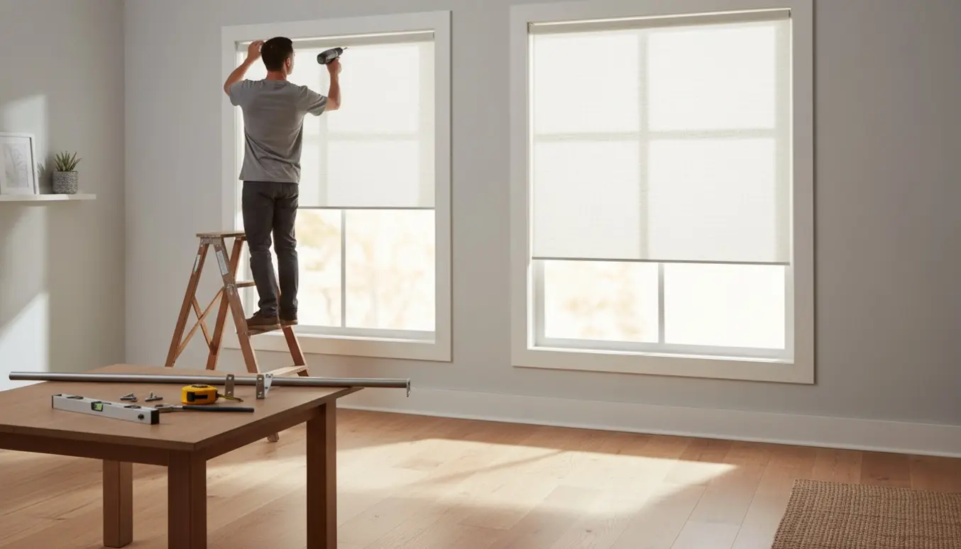 Håndværker monterer to persienner og en gardinstang i et lyst opholdsrum.