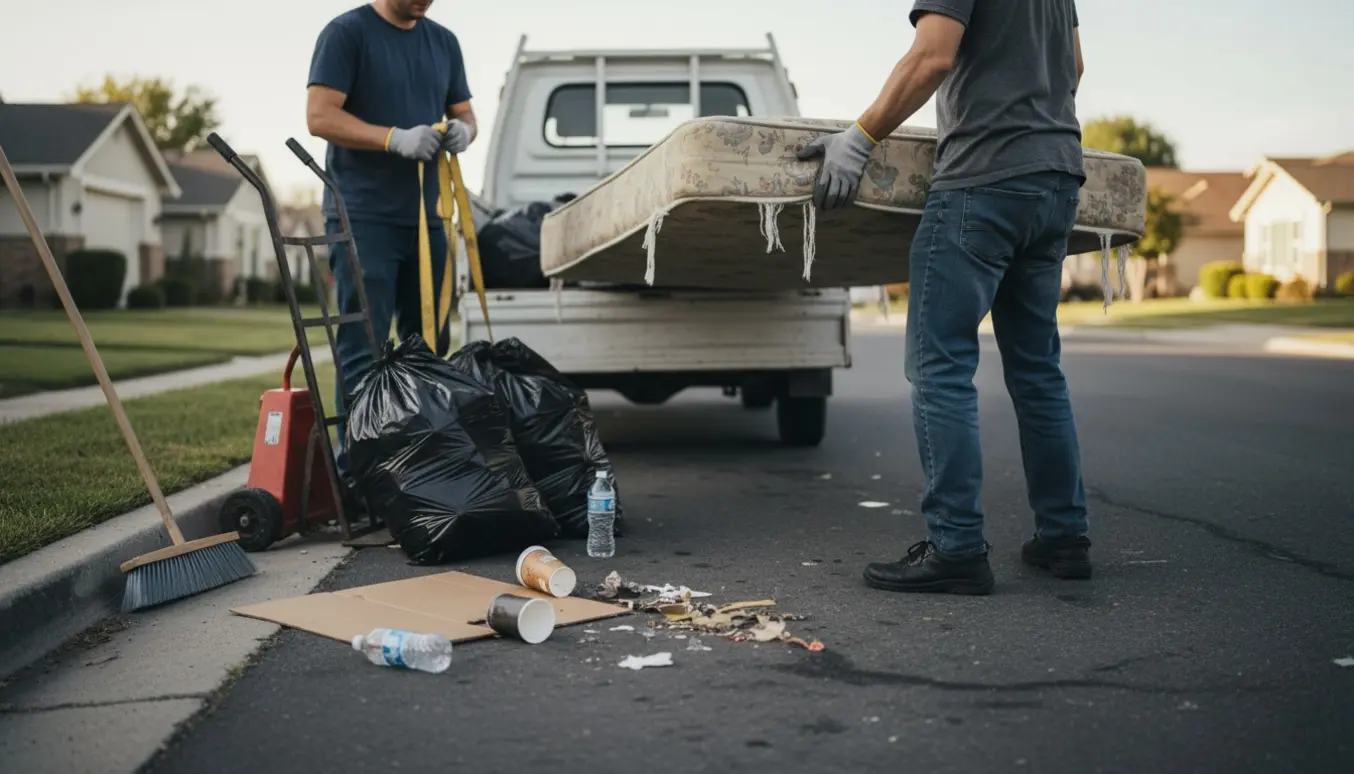 To personer læsser en enkeltmandsmadras og fylder sorte sække med skrald ved fortovet.