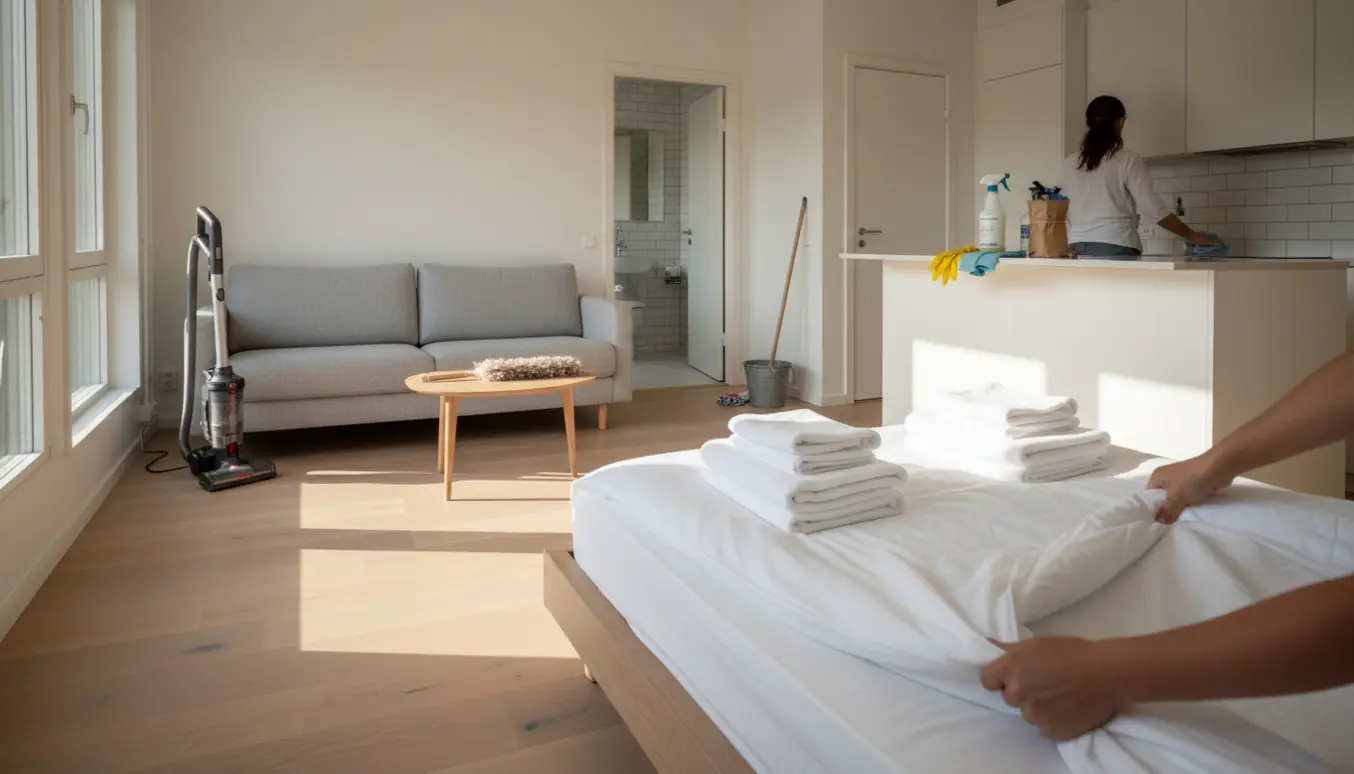 Lys, moderne Airbnb-lejlighed under rengøring med nyopredt seng, foldede håndklæder og rengøringsudstyr i køkkenet.