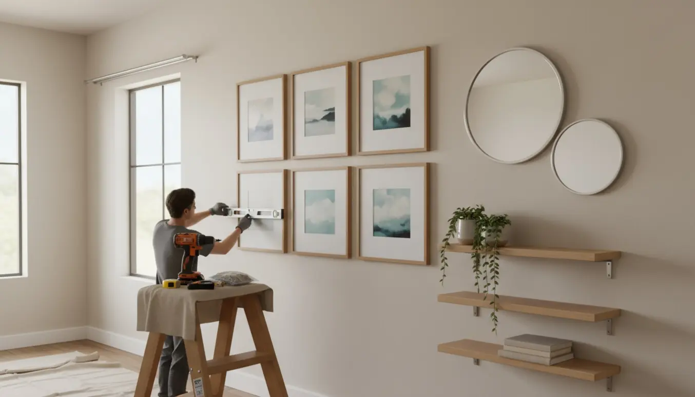 Hænder og værktøj ved en stuevæg med seks rammer, tre hylder, spejle og en gardinstang under montering.
