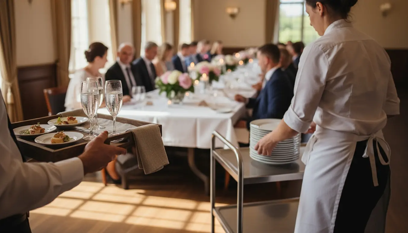 Hjælpere serverer og rydder bordene ved en lys konfirmationsreception med hvide duge og blomster.