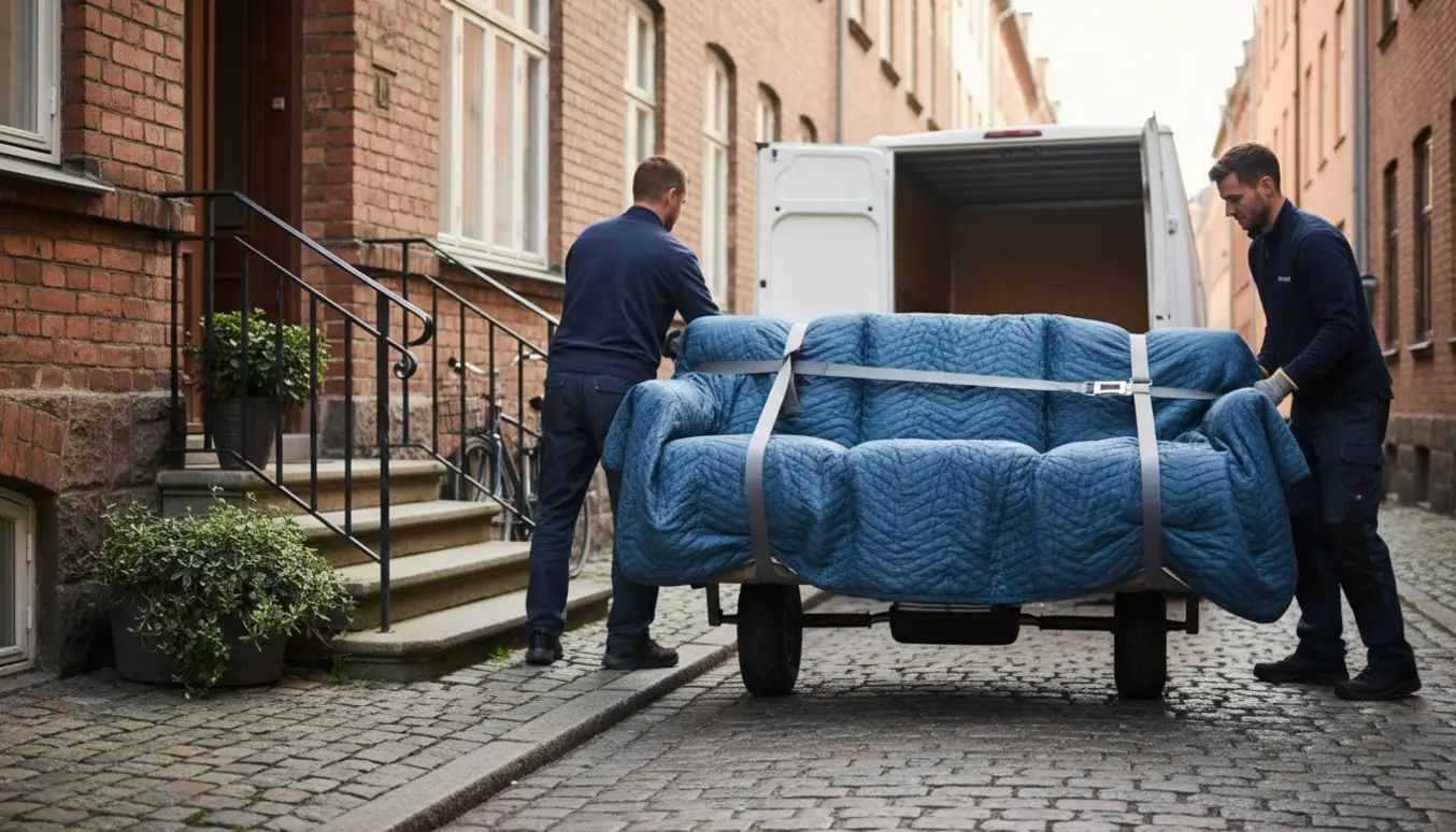 To personer bærer en tung sofa pakket i flyttetæpper fra en rødstensbygning mod en flyttevogn i et skandinavisk bymiljø.