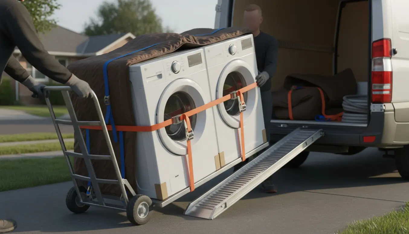 To flyttemænd fører en vaskemaskine og en tørretumbler på en dolly fra en åben varevogn til indkørslen.