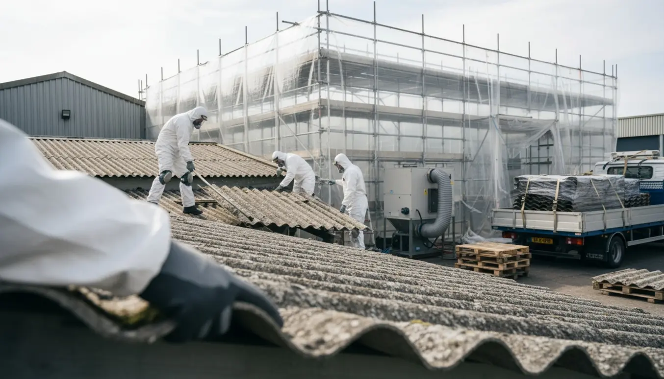 Arbejdere i beskyttelsesdragter fjerner og pakker asbesttagplader fra flere tage.
