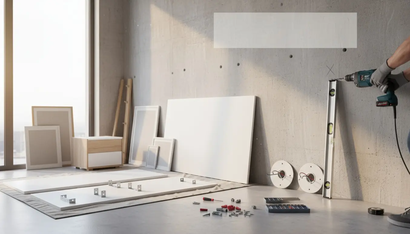 Håndværker forbereder ophængning af skabe, lamper og billeder på en betonvæg med værktøj spredt omkring.