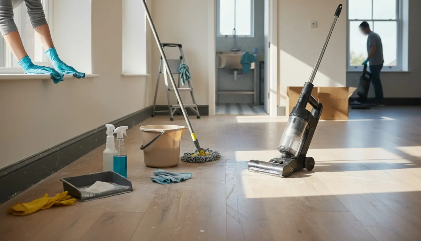 Rengøring efter renovering i et lyst, åbent hjem med moppe, spand og en nyligt renset gulvstribe.