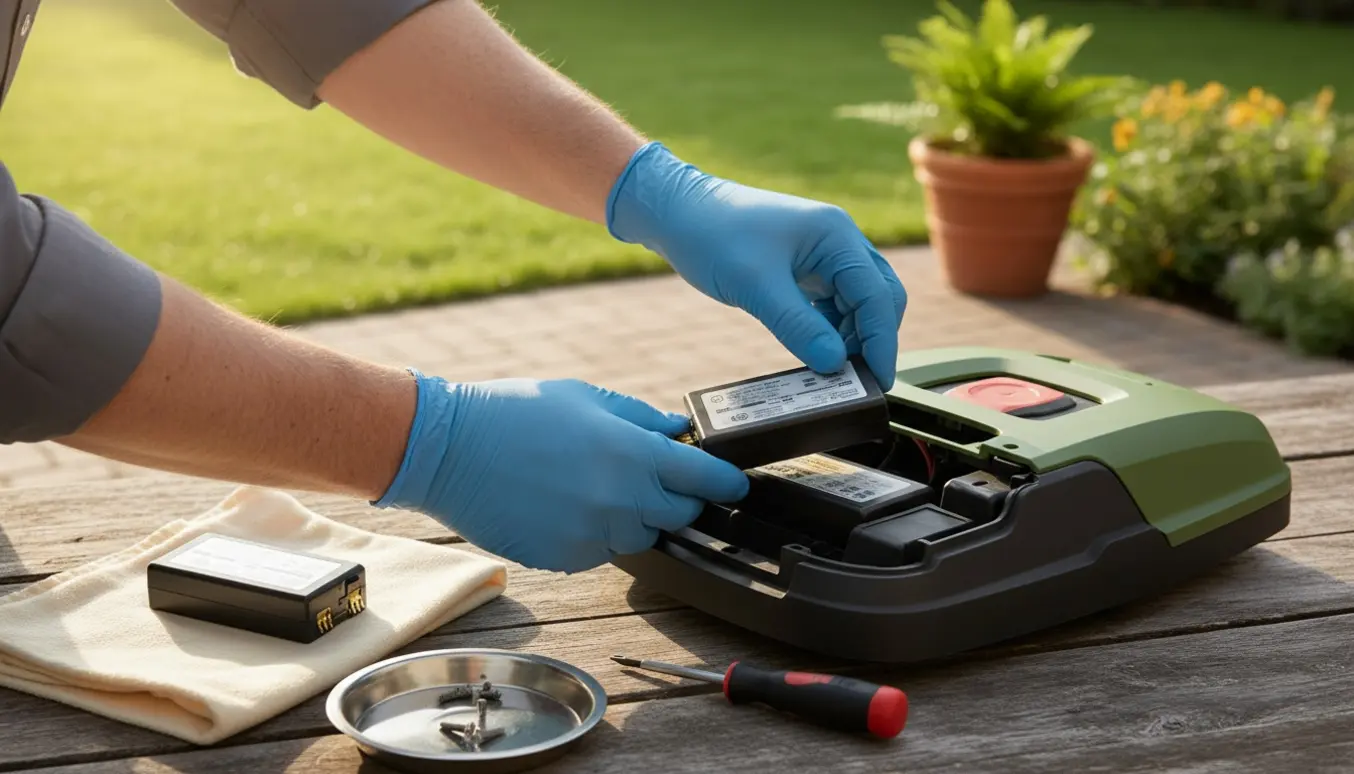Hænder skifter batteri i en robotplæneklipper med åbent batterirum og værktøj på et arbejdsbord i haven.