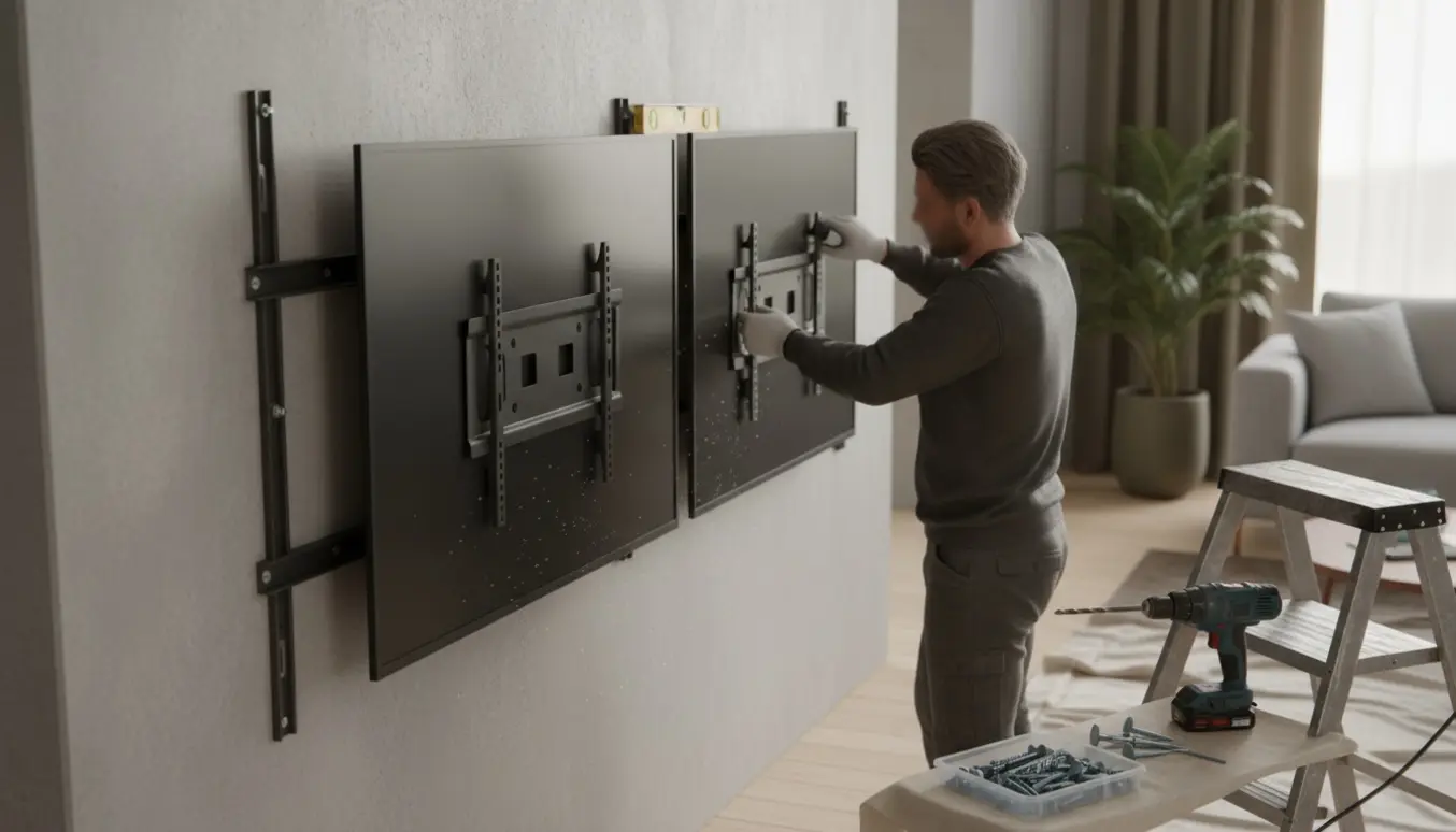 En tekniker monterer to fladskærme på en betonvæg, kun hænder og værktøj ses.