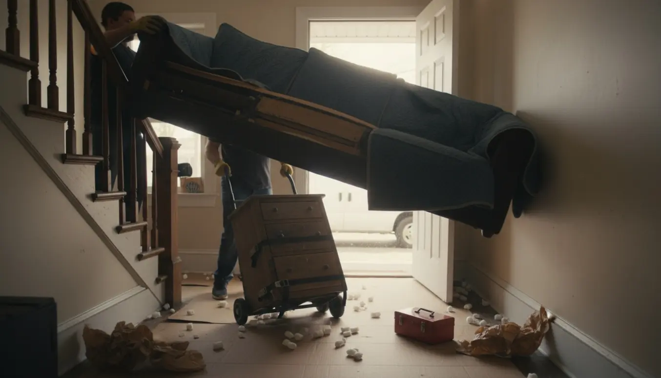 To personer bærer en splittet trepersoners sofa og en mindre kommode ned ad en trappe mod en hvid flyttebil.