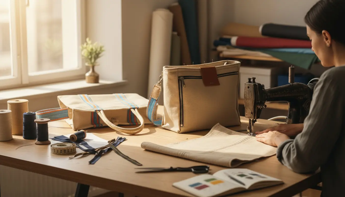 En syerske arbejder på prototyper af bomuldscanvas-tasker ved en symaskine omgivet af stoffer og materialer.