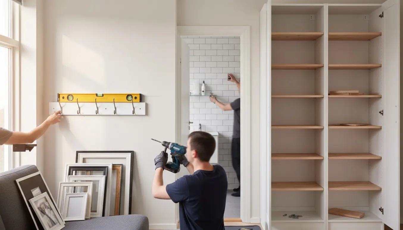 Hænder monterer hylder, billeder og en knagerække i et lyst hjem.