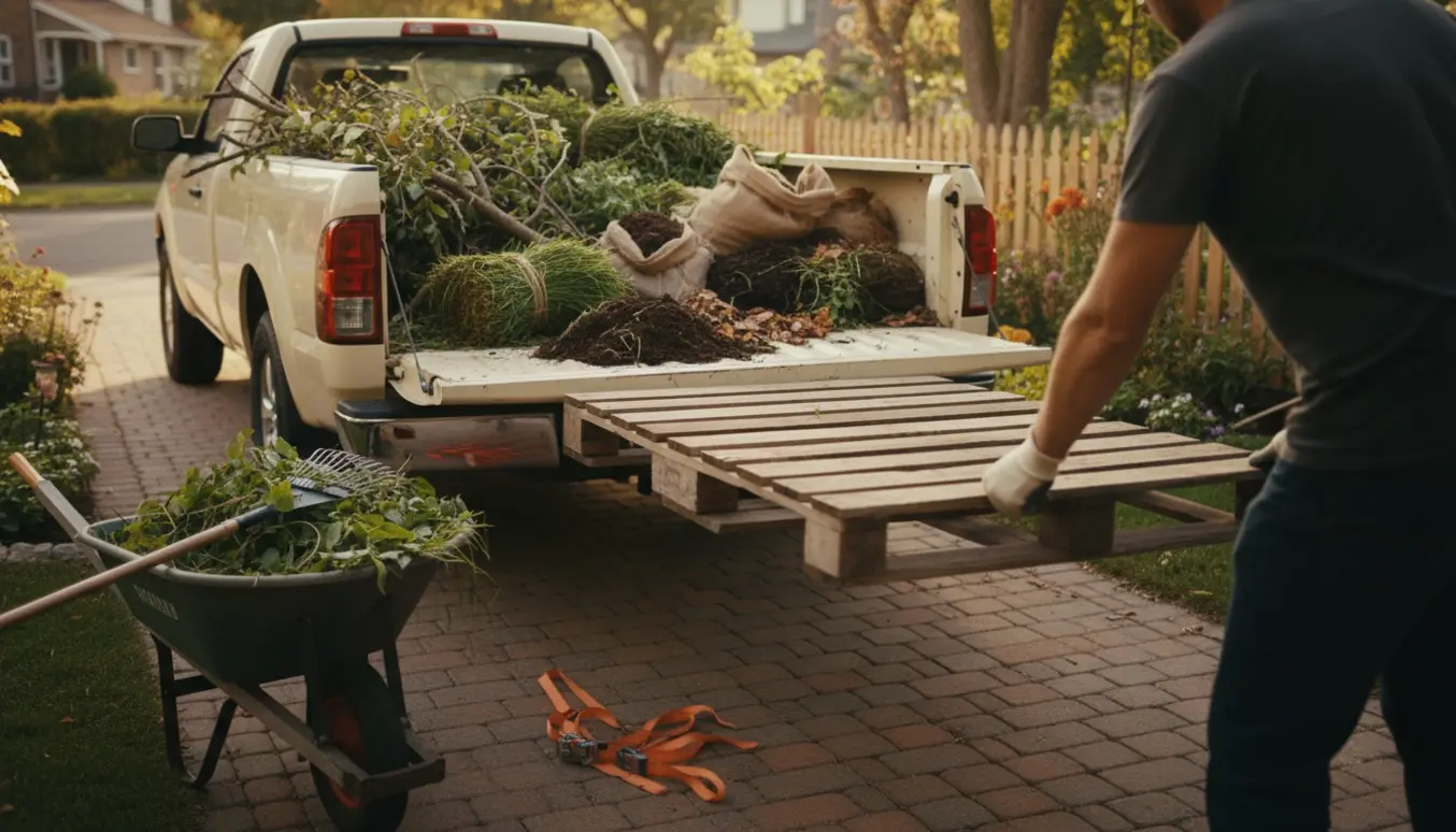 Afhentning af haveaffald og to paller læsset i en pickup ved en indkørsel.