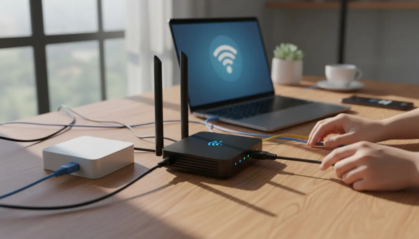 Hænder tilslutter en trådløs router og netværkskabler på et skrivebord i dagslys.