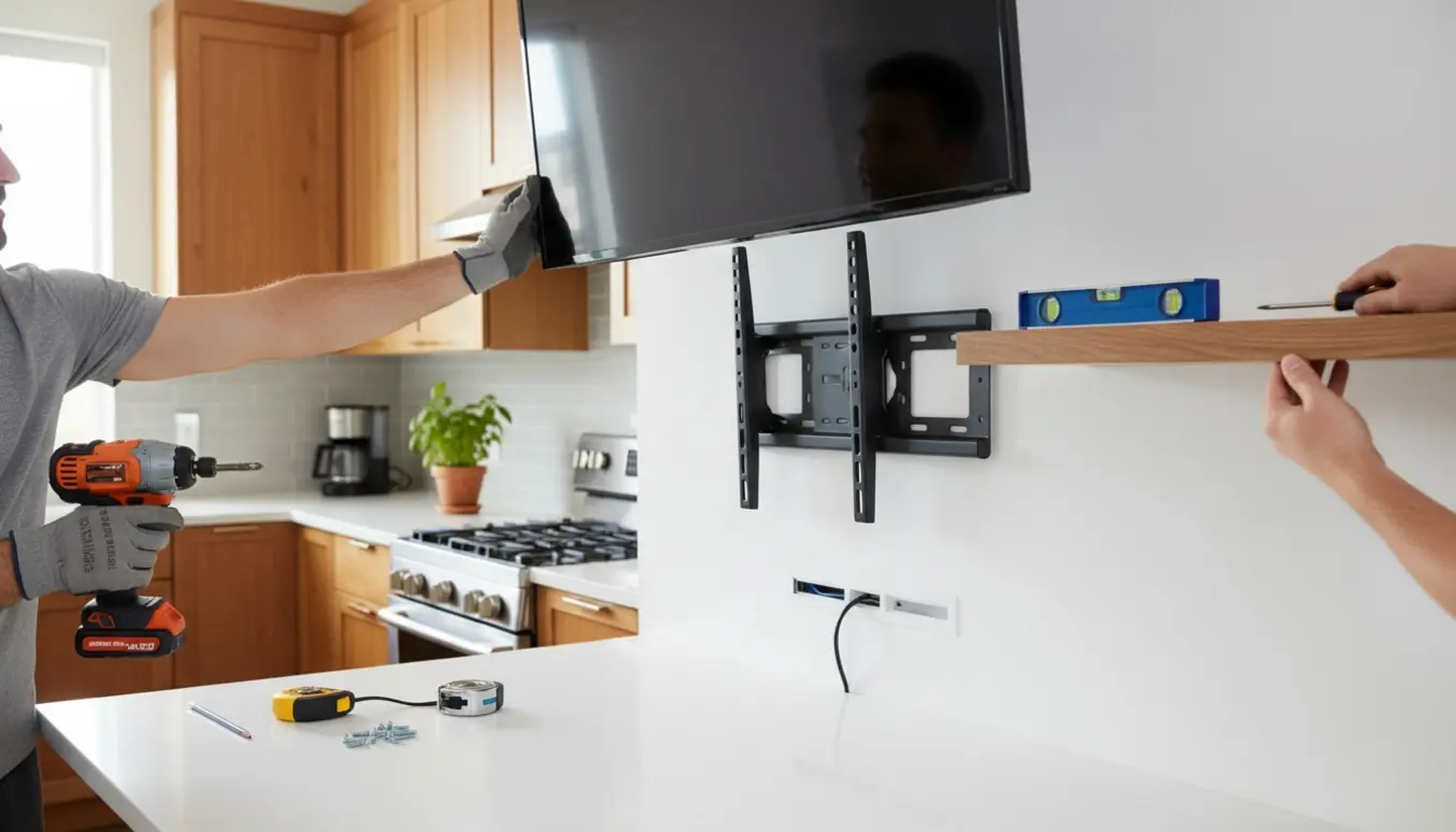 Hænder monterer en træhylde og ophænger et stort TV i et moderne køkken uden klare ansigter.