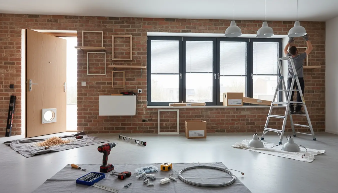 Igangværende hjemmeinstallation med kattelem i yderdør, persienner, gardinwire, billeder og hylder på murstensvæg samt lamper i gipsloft.