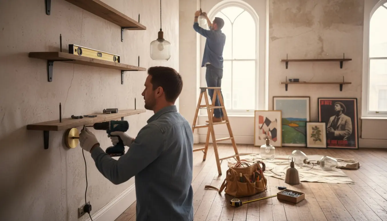 Hænger lamper, plakater og hylder op i et gammelt træhus med værktøj og stige klar.