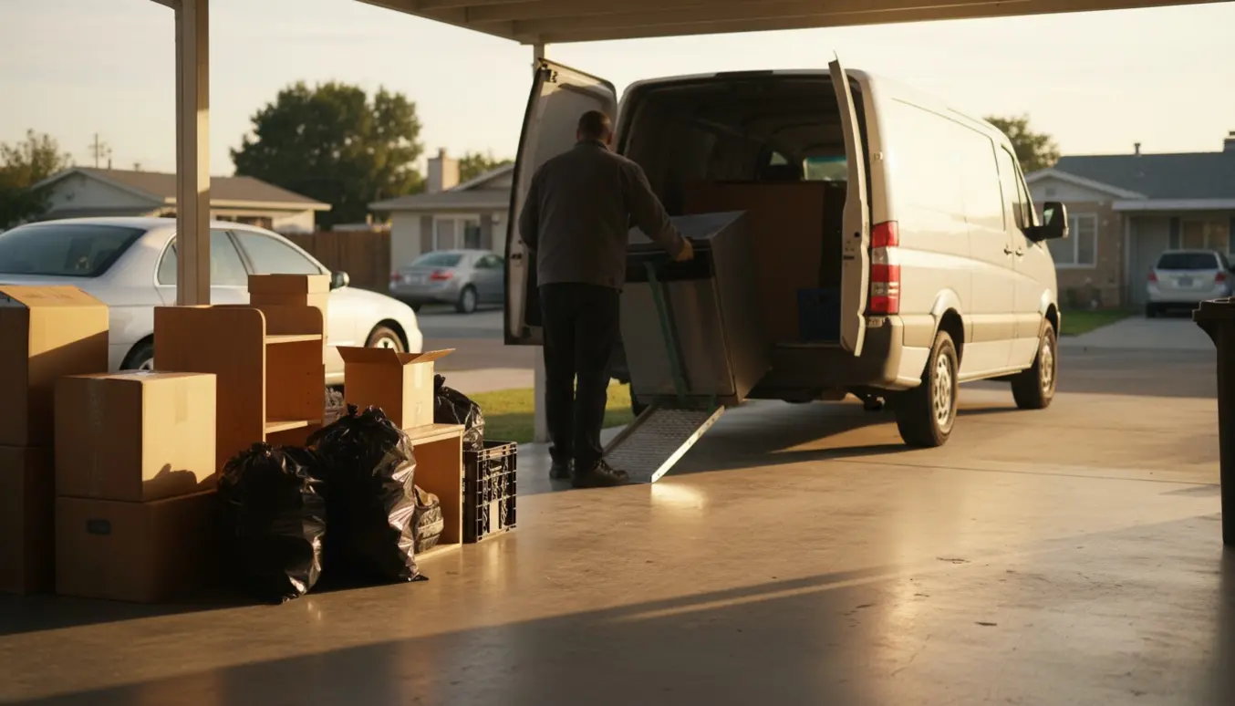 Person læsser affald og en opvaskemaskine fra en carport ind i en varevogn.