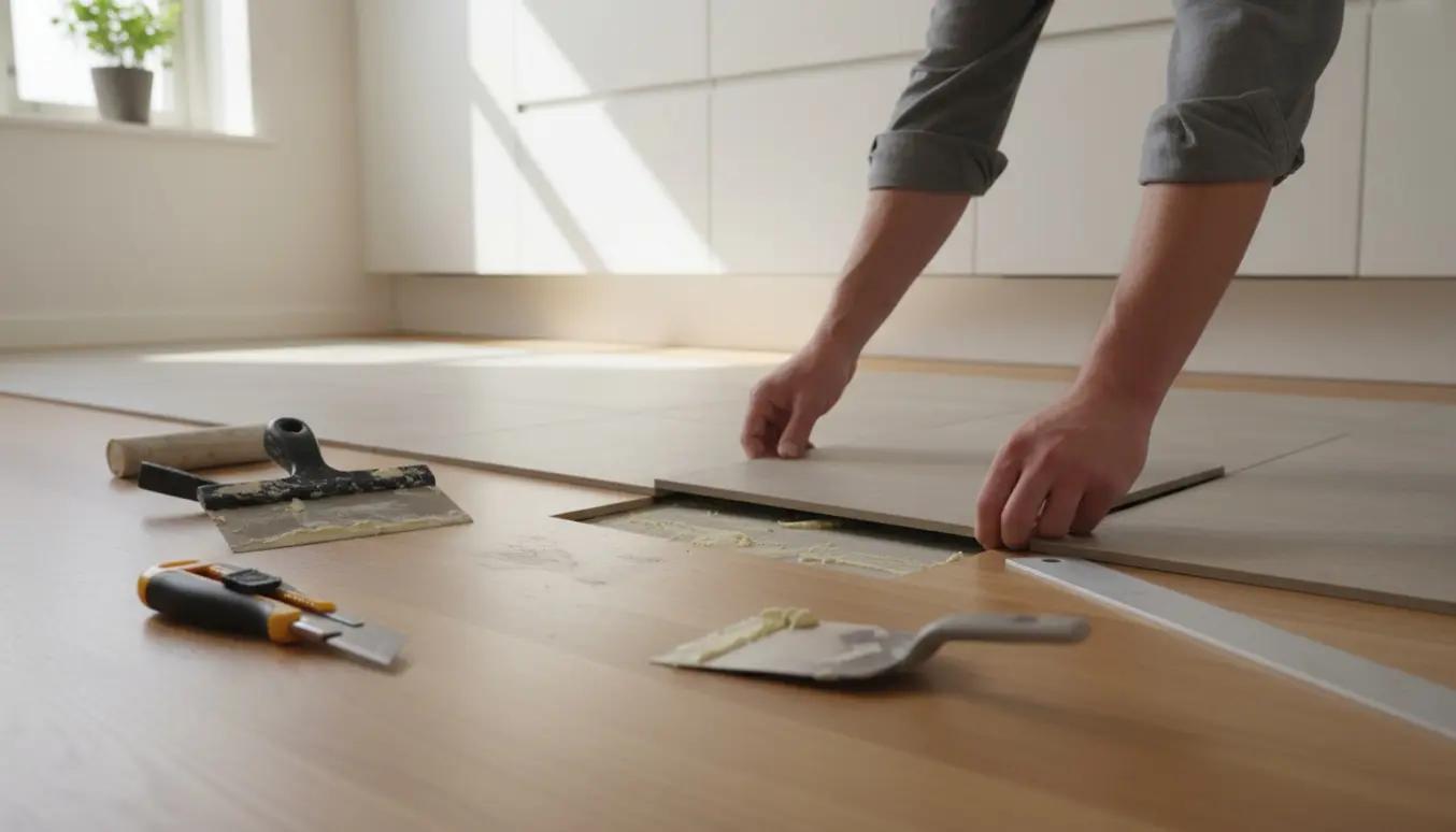 Hænder placerer en ny 40x40 cm vinylflise i kanten af et lyst køkkengulv i en moderne Østerbro-lejlighed.
