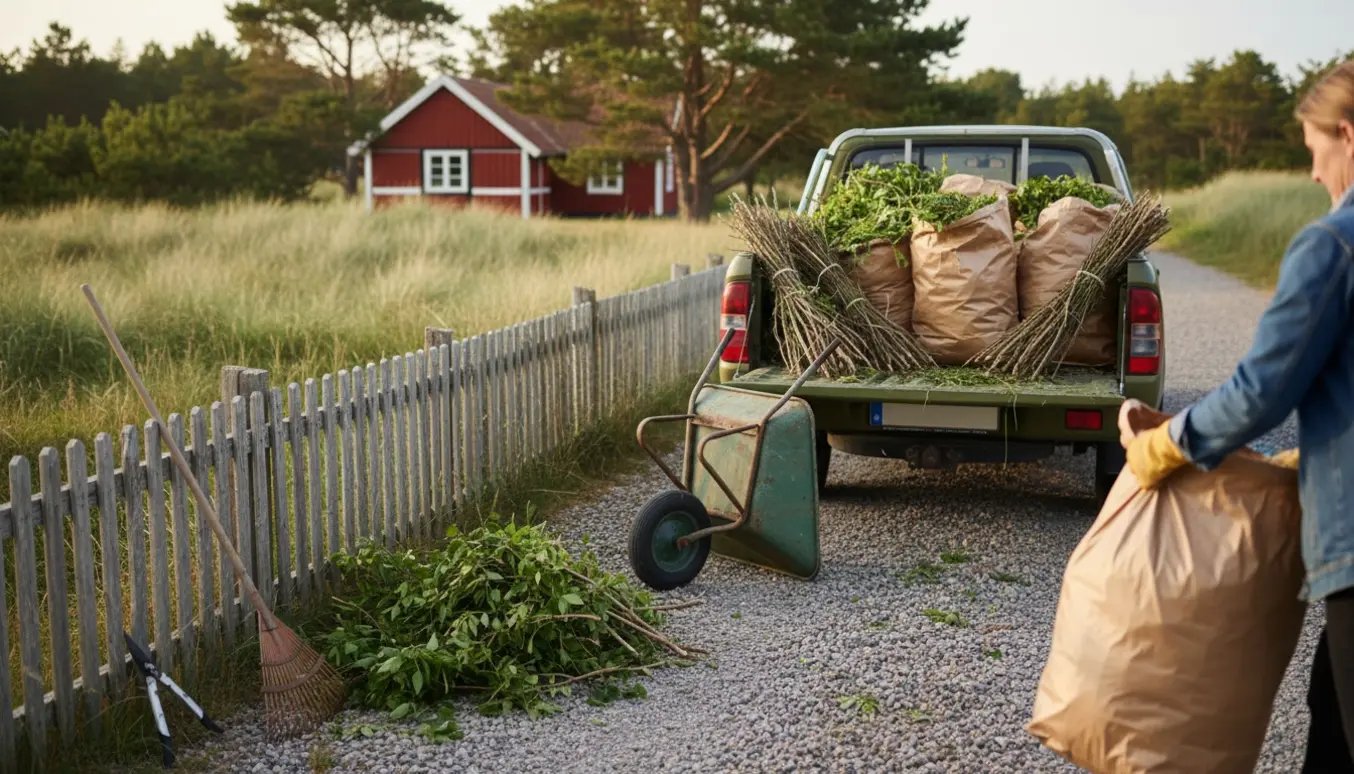 Lastning af haveaffald i en ubrandet pickup ved en dansk sommerhusindkørsel.