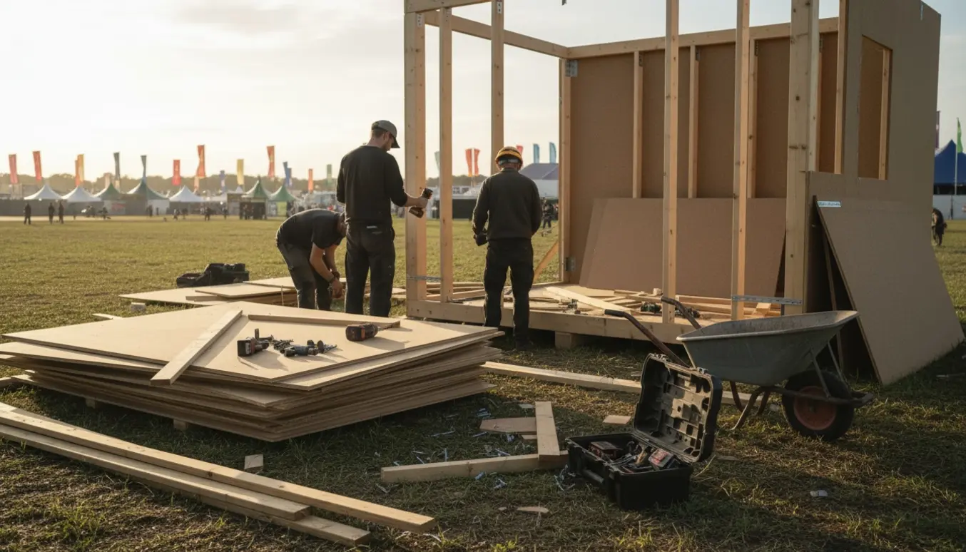 Tre-fire personer nedriver en træbod på Roskilde Festival med skruemaskiner og stabler af MDF i eftermiddagssol.