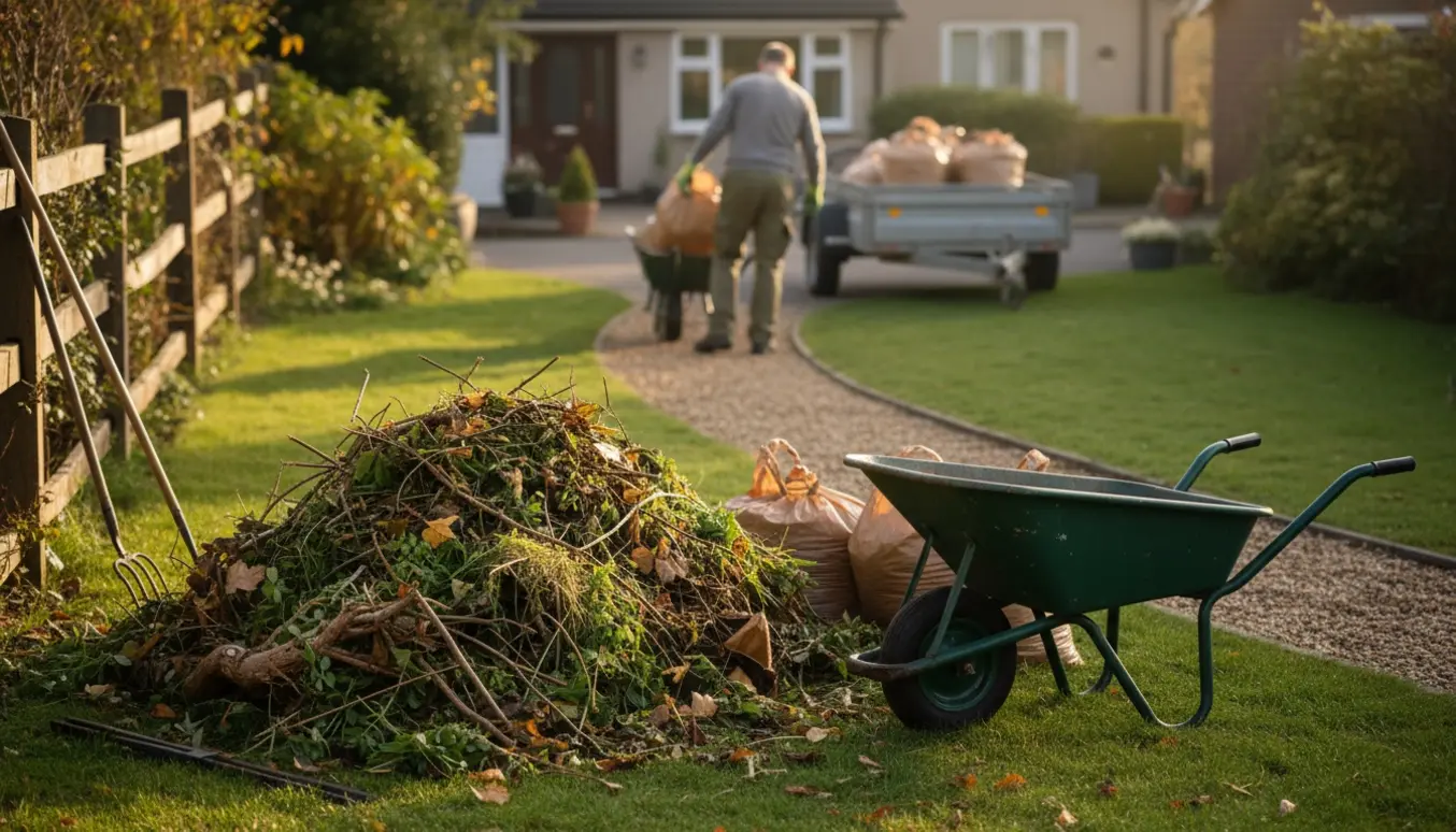 Stor bunke haveaffald ved indkørsel med trillebøre og handsker, og en person skubber en trillebør mod en trailer i baggrunden.