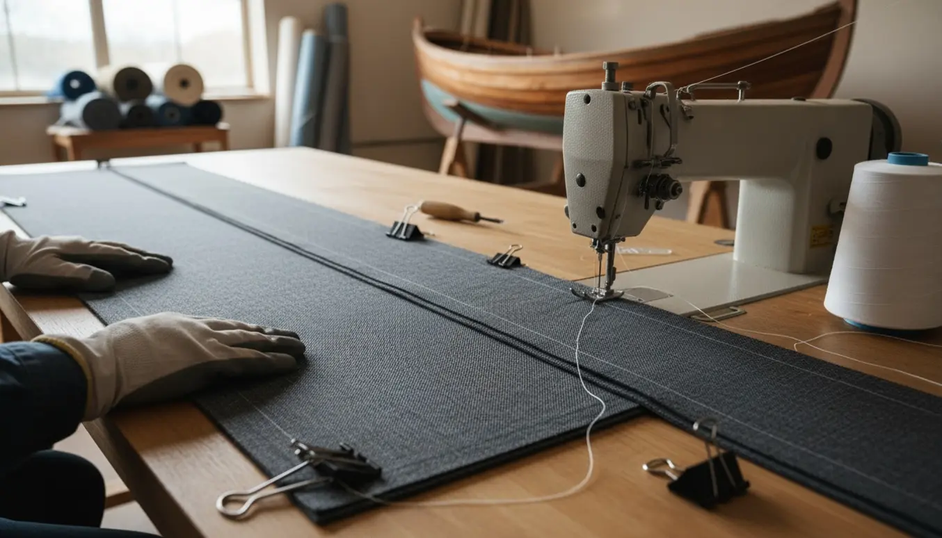 To stykker persiennestof syes sammen på en industriel symaskine i en bådgarage.