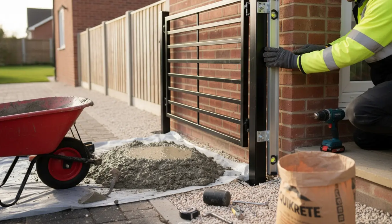Opsætning af en metalport med én stolpe støbt i våd beton og værktøj klar til montering mod husvæggen.