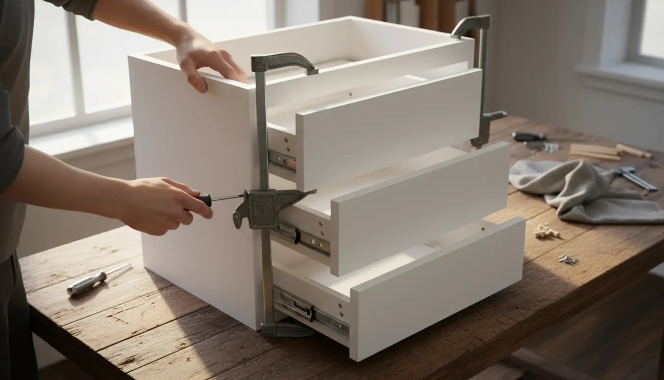 Hænder samler et hvidt køkkenskab med tre skuffer ved hjælp af en skruetrækker og en skruetvinge i et lyst køkken.