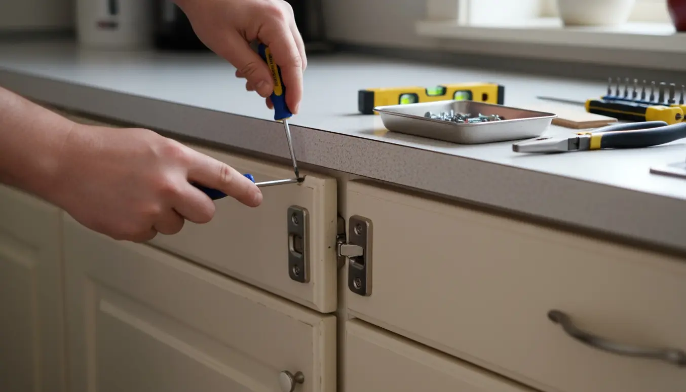 Hænder justerer hængsler på to højrehængte underskabslåger i et ældre Boform-køkken med skruetrækker og vaterpas.