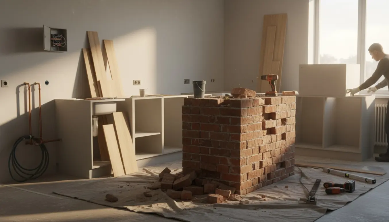 Køkken under renovering med fjernet køkkenø, synlige rør og nye køkkenelementer klar til montering.