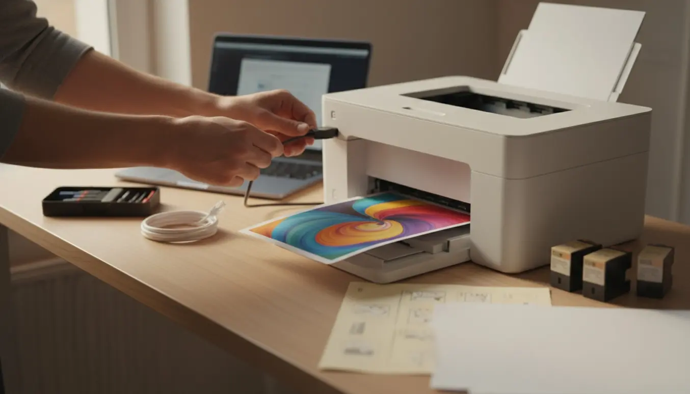 Hænder tilslutter en printer til en bærbar computer i et lyst hjemmekontor uden synlige logoer.