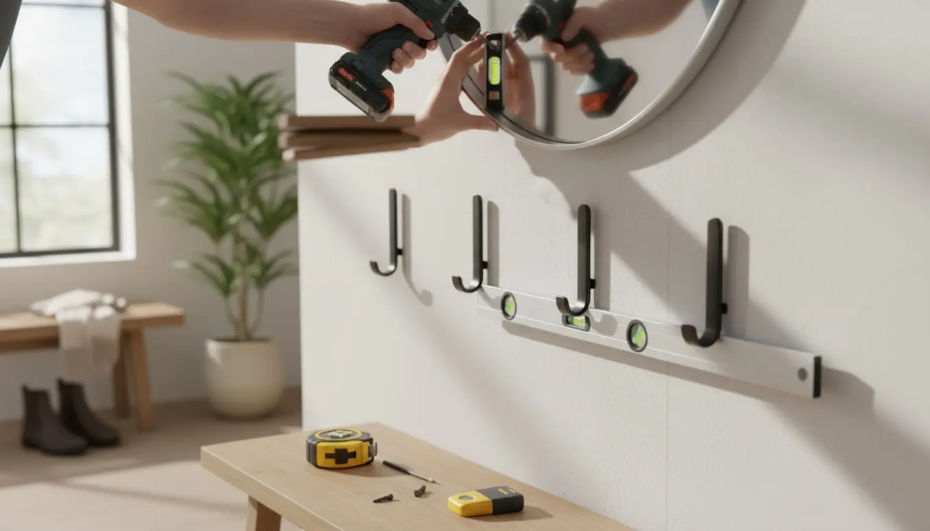 Rundt spejl monteres i entreen, mens tre knager fastgøres på væggen.