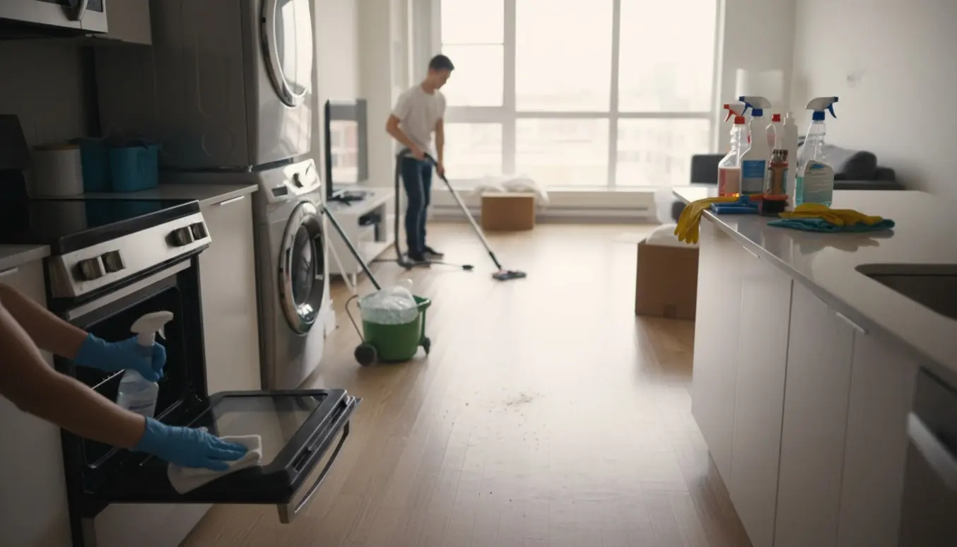 Lejlighed under flytterengøring med åben ovn, kølefryseskab, vaskemaskine, rengøringsudstyr og sollys gennem vinduet.