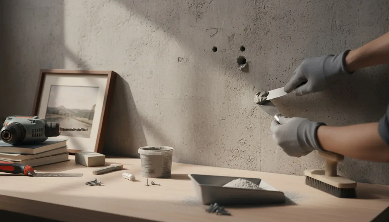 Nærbillede af reparation af huller i en hård betonvæg med filler og værktøj klar til at hænge et billede.