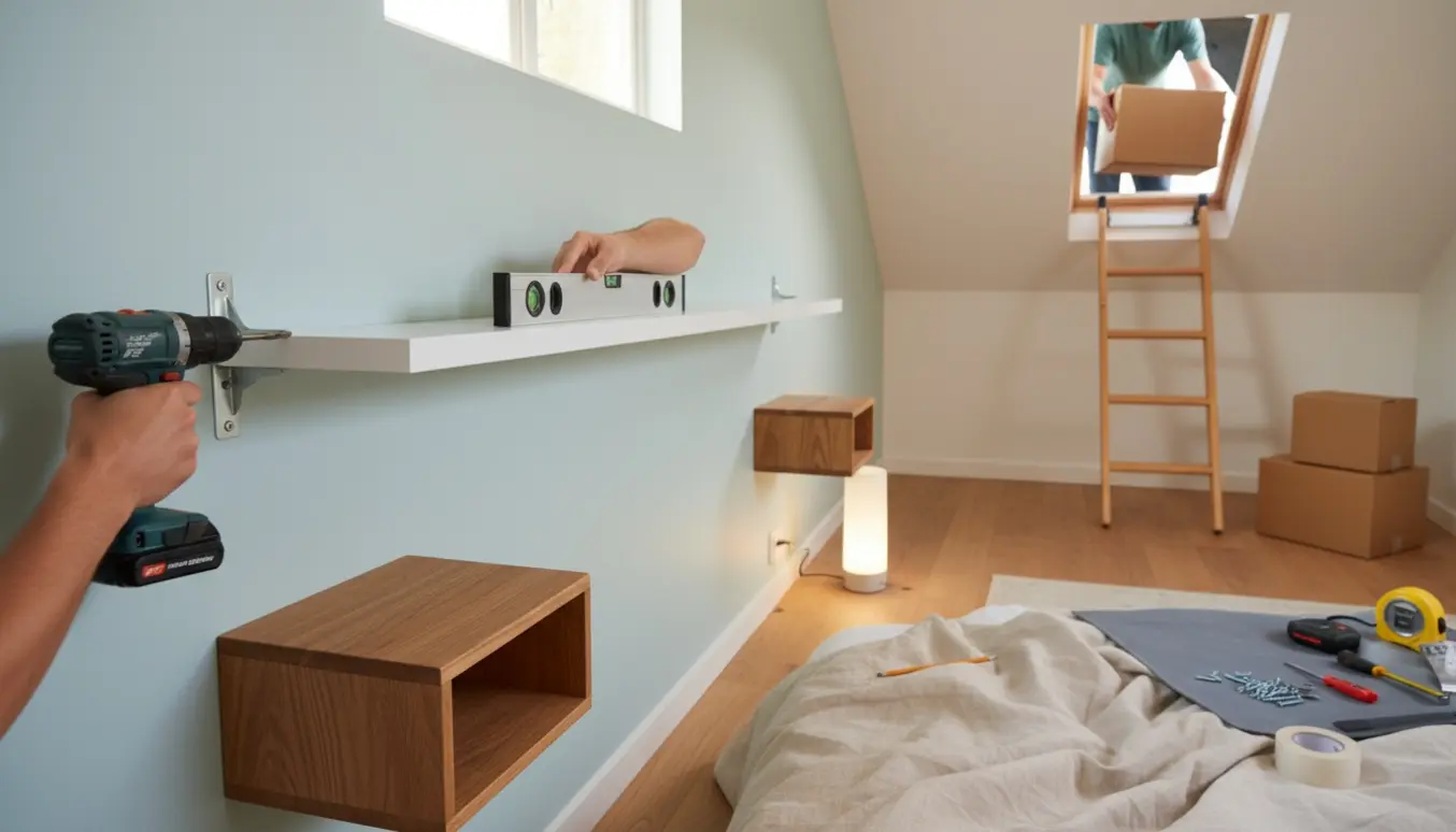 Hænder monterer sengebord og hylde i et lyst soveværelse, mens en stige fører op til et åbent loft med kasser.