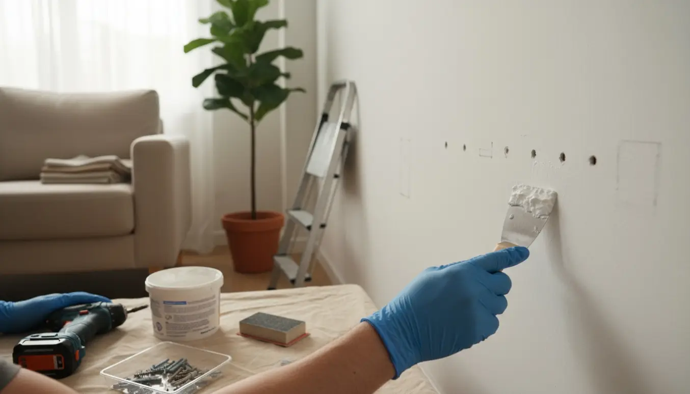 Hænder spartler huller i en hvid væg efter fjernelse af tv-beslag og væglampe.