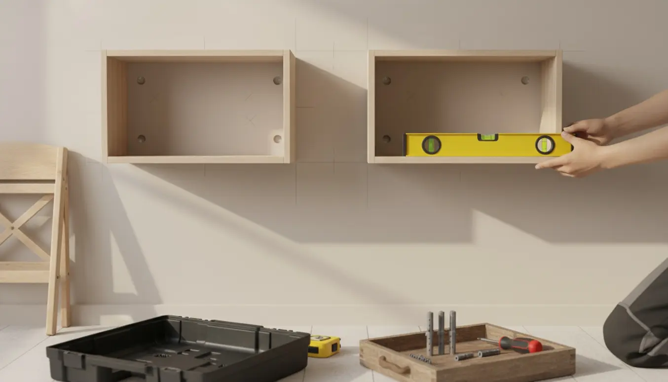 To vægmonterede reolmoduler justeres med et vaterpas, mens fire lange skruer ligger klar.