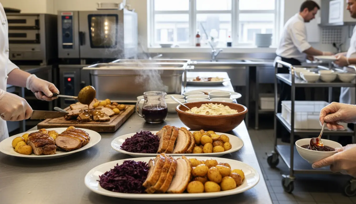Kokker anretter traditionel julemiddag i et industrikøkken med and, flæskesteg, tilbehør og risalamande klar til servering.
