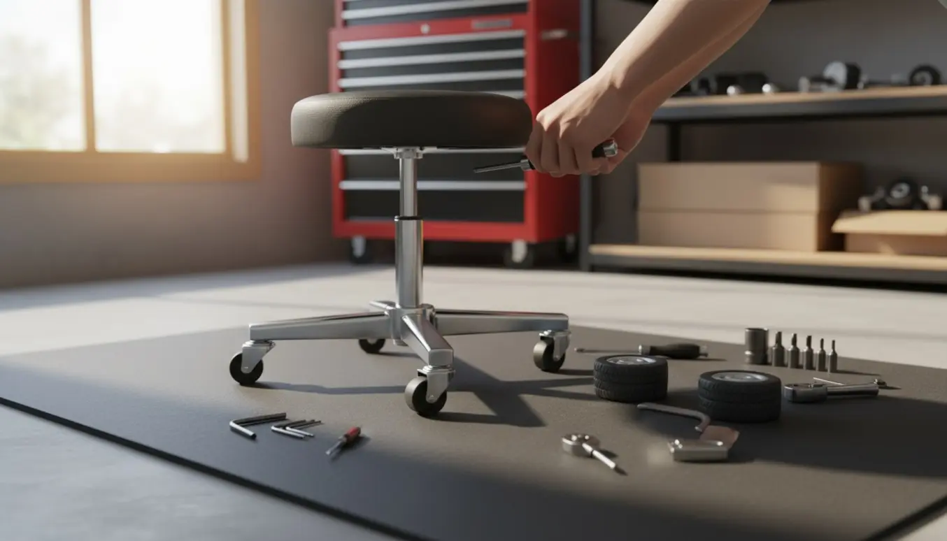 Hænder monterer hjul på en mekanikerskammel i et lyst garageværksted.