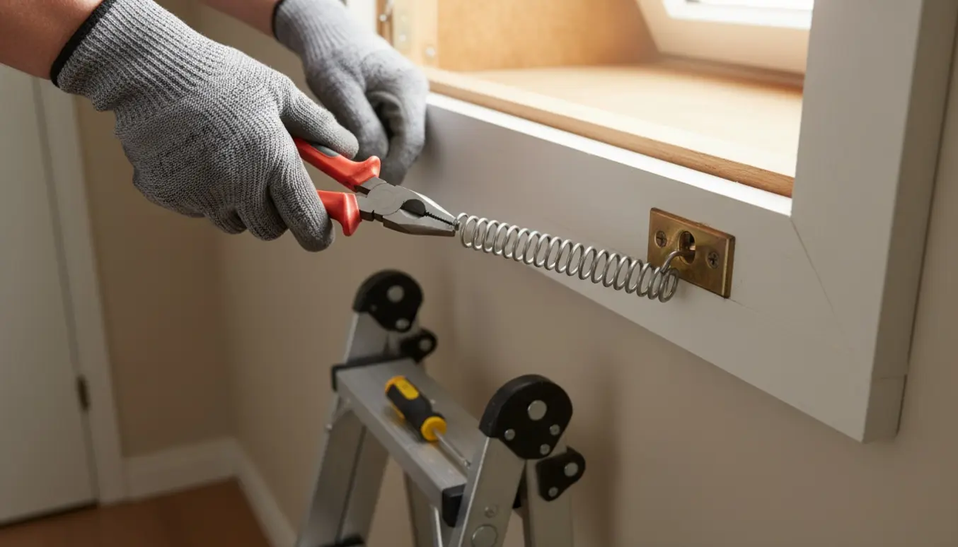 Nærbillede af hænder, der monterer en metalfjeder på en loftlem med værktøj og en stige i baggrunden.