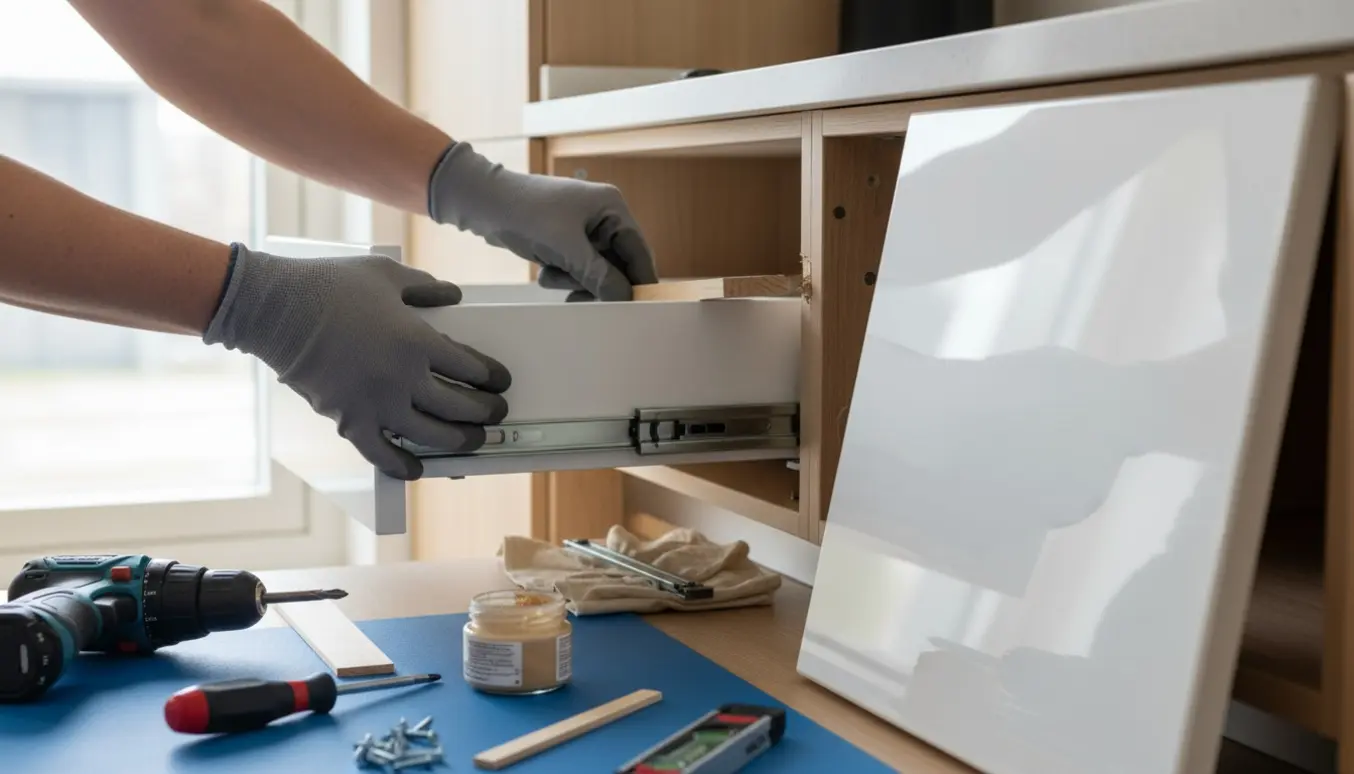 Nærbillede af hænder, der samler og monterer en hvid IKEA køkkenskuffe med frontpanel ved et køkkenskab.