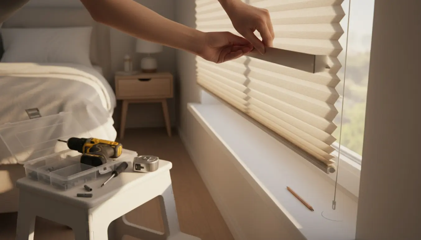 Delvist monteret plisségardin i soveværelse med værktøj og en åben tom boks til skruer.