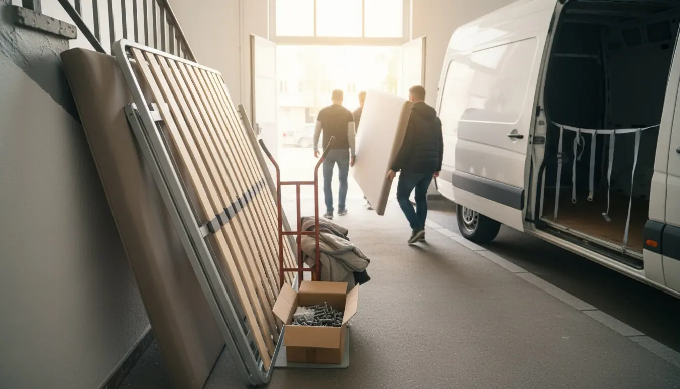 Adskilt sengeramme (160x200) bæres ned ad en opgang og læsses i en varevogn, personer uden synlige ansigter.