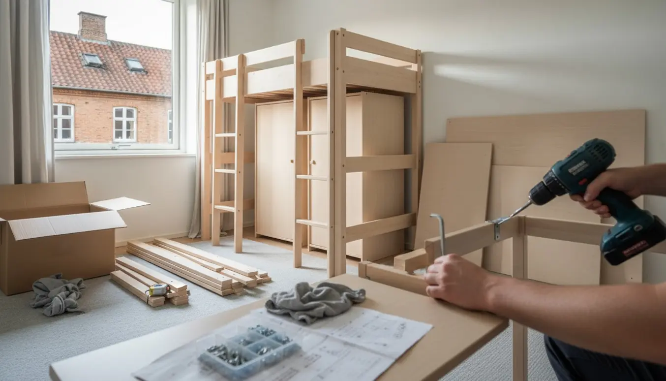 To Småstad-højsenge under samling i en kompakt Sydhavn-lejlighed med værktøj og møbeldele organiseret under blødt dagslys.